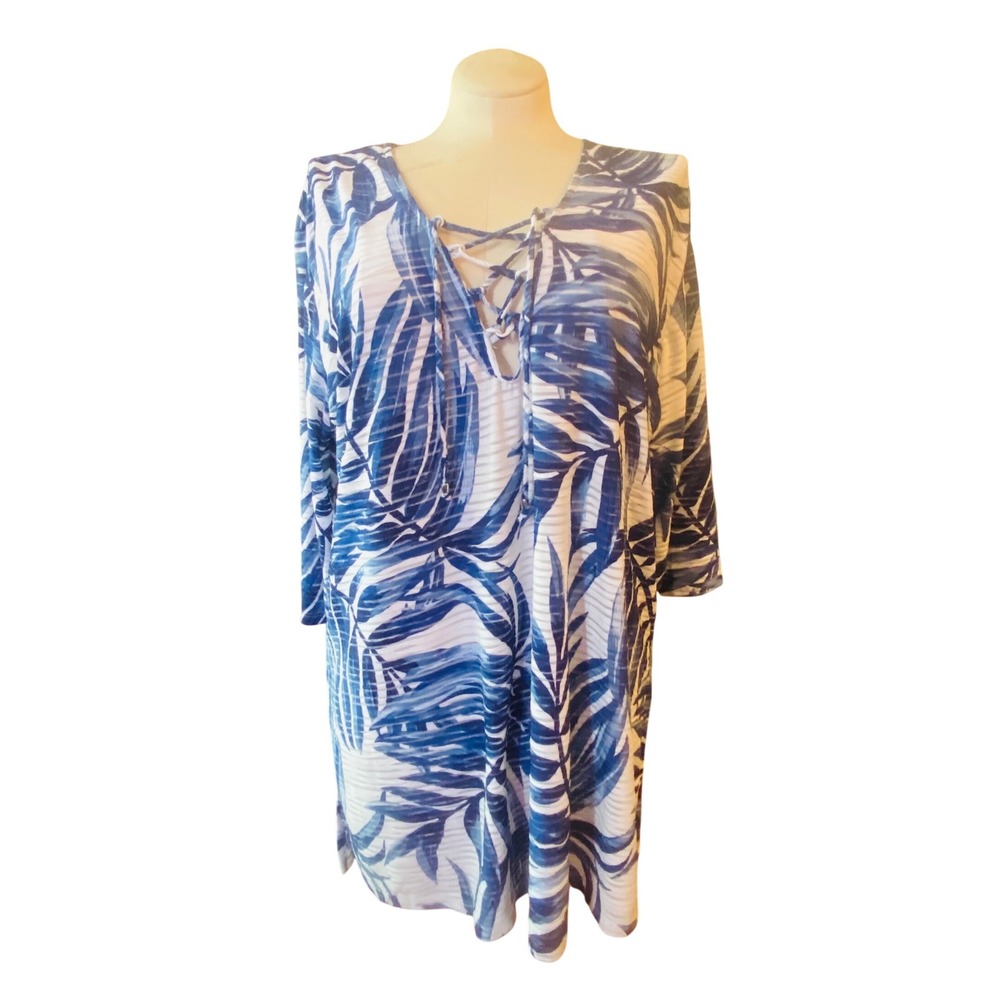 Portocruz Womens‎ 2X Blue White Tropical Palm Lace Up 3/4 Sleeve Tunic Top NWT